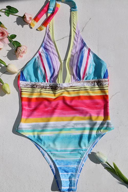 Colorful Stripe Halter Neck Backless One Piece