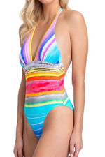 Colorful Stripe Halter Neck Backless One Piece