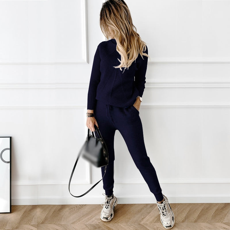 Striped Knitted Turtleneck Sweater Elastic Trousers Suits Set