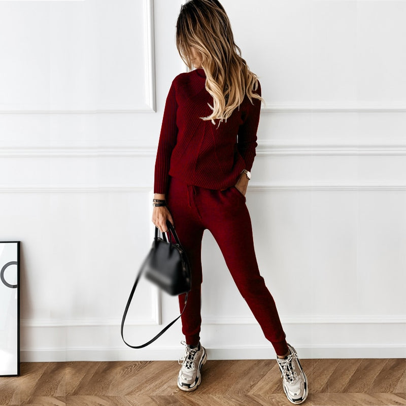 Striped Knitted Turtleneck Sweater Elastic Trousers Suits Set