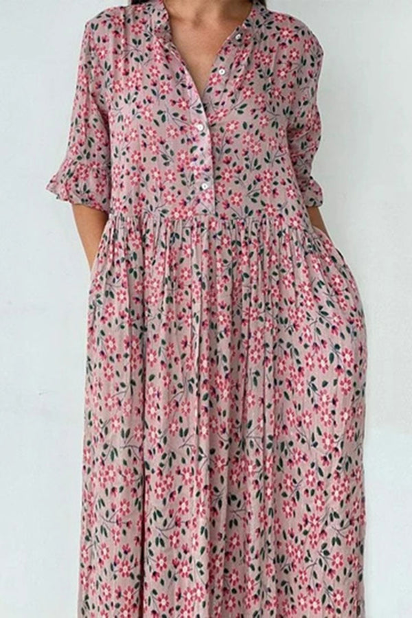 Floral Button Flares Sleeve Dress