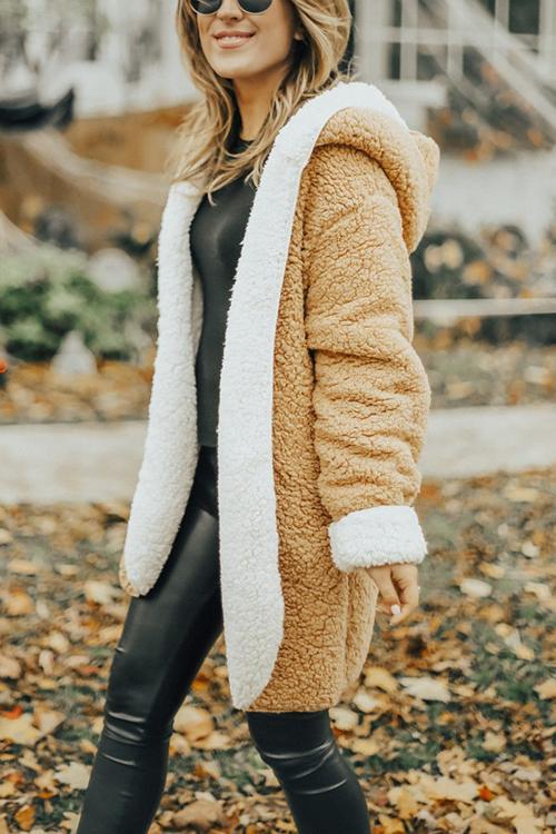 Hooded Open Front Lamb Wool Teddy Coat