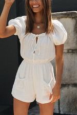 Button Lace Up Puff Sleeve Romper