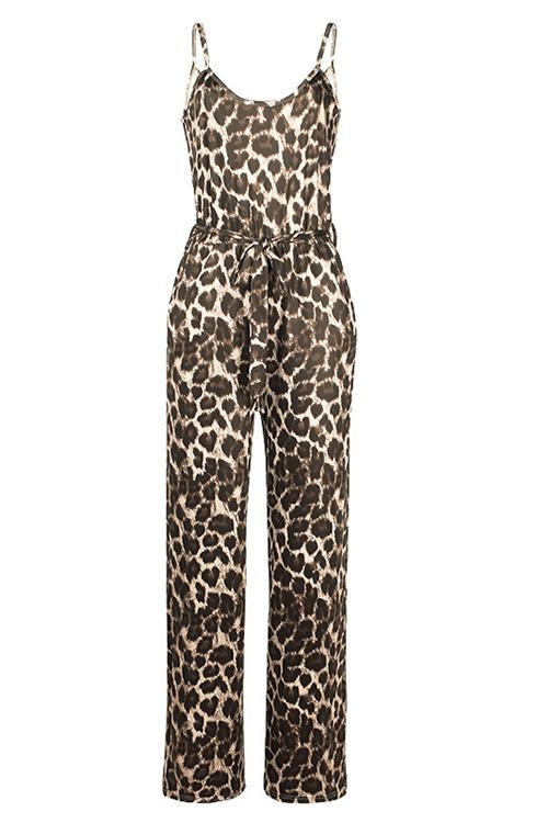 Leopard Pockets Drawstring Slip Jumpsuits