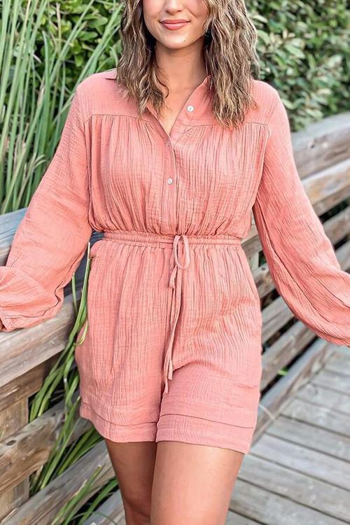 Button Long Sleeve Drawstring Romper