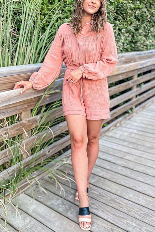 Button Long Sleeve Drawstring Romper