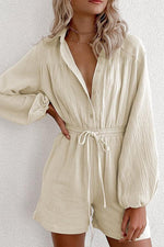 Button Long Sleeve Drawstring Romper