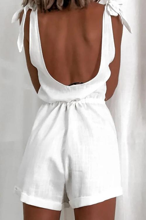 Bow Tie Drawstring V Neck Romper