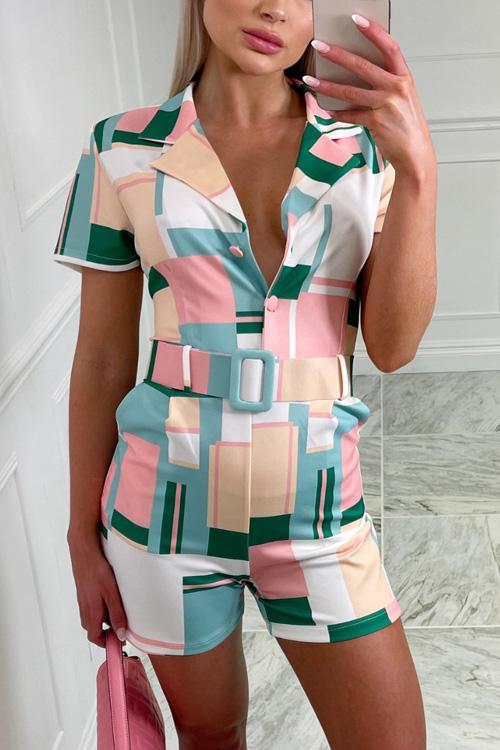 Color Block Button Lapel Short Sleeve Romper