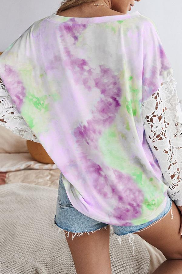 Pretty Lace Stitching Tie-dye Blouse