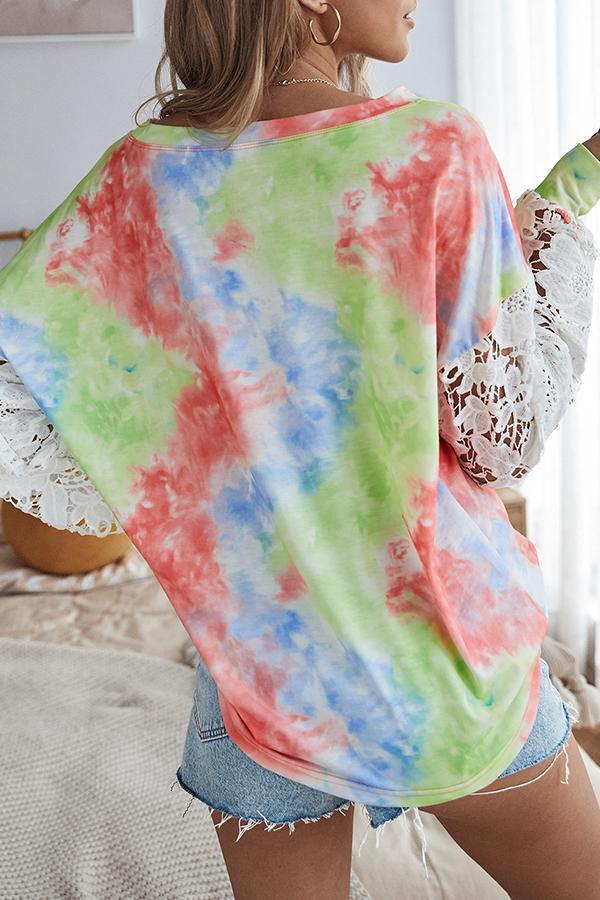 Pretty Lace Stitching Tie-dye Blouse