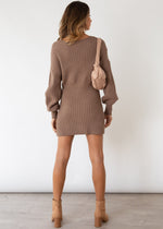 Cross V Neck Long Sleeve Knitted Sweater Dress
