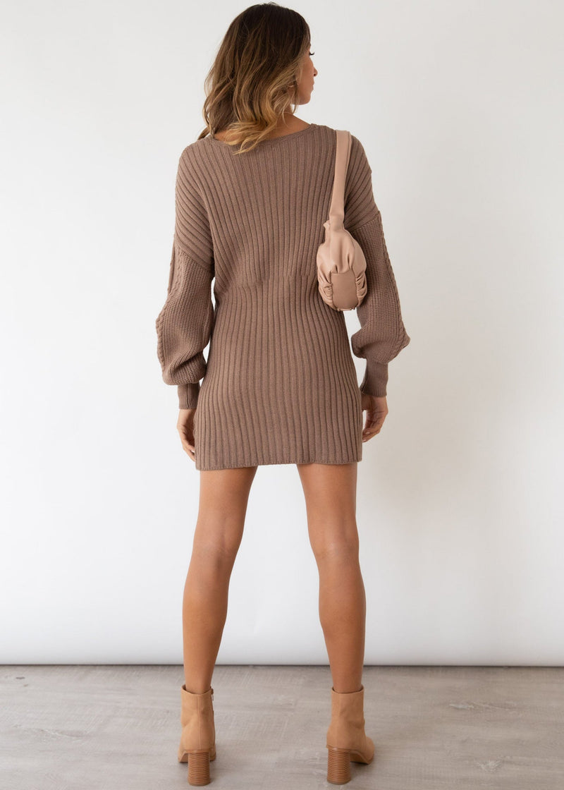 Casual Off Shoulder Long Sleeve V-Neck Belt Knit Mini Dress