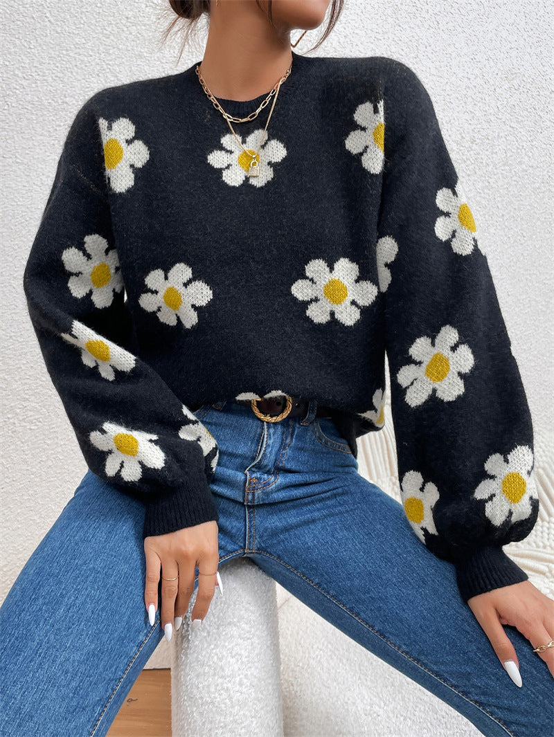 Floral Round Neck Solid Color Sweatshirt