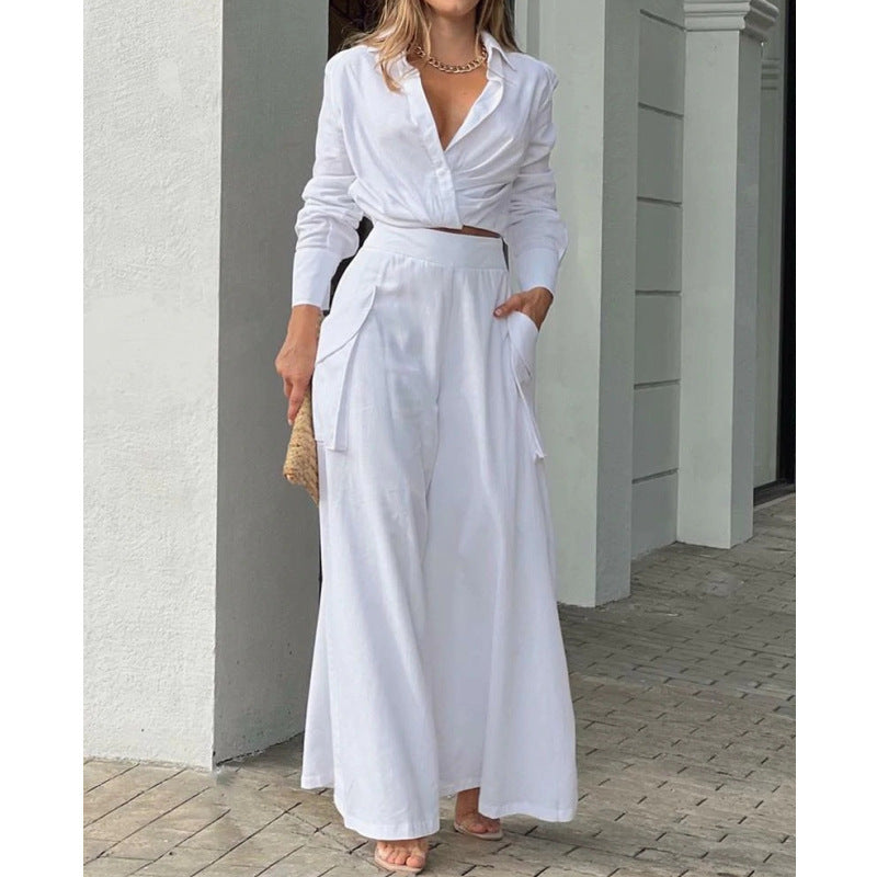 Two Piece Set Deep V-Neck Long Sleeve Top and Wide Leg Pant