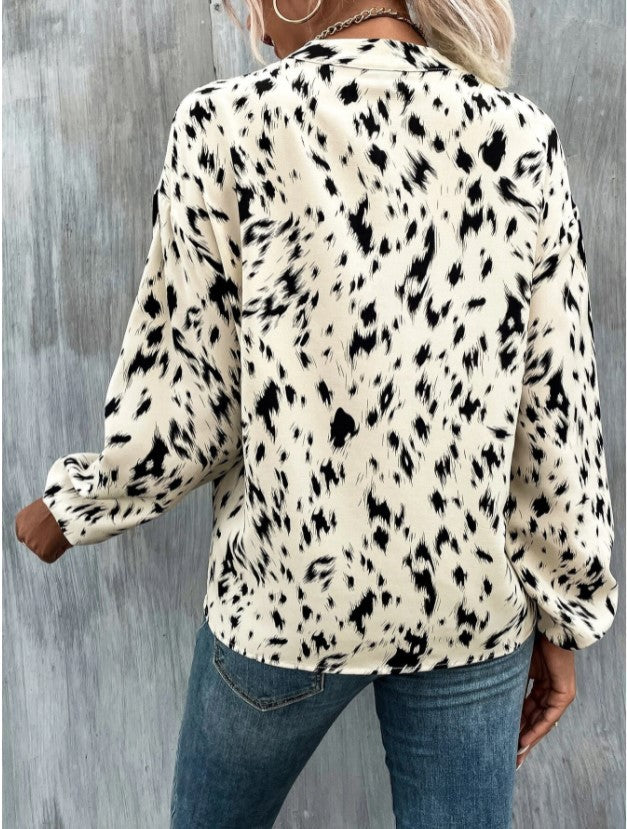 Elegant V-Neck Printed Long Sleeve Shirt