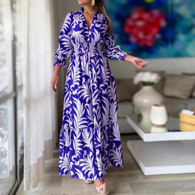 Casual Long Sleeve V Neck Floral Maxi Dress