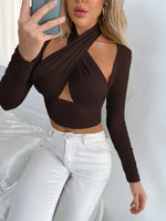 Cut Out Long Sleeve Cross Turtleneck Bodycon Solid Crop Top