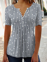 Casual V-Neck Short Sleeve Polka Dot Pleated Blouse Top