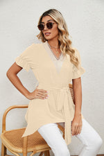 V-Neck Short Ruffle Sleeve Belted Solid Blouse