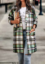 Bend Down Collar Long Sleeve Plaid Open Front Long Cardigan