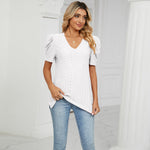 Casual V Neck Short Sleeve Solid Color Top
