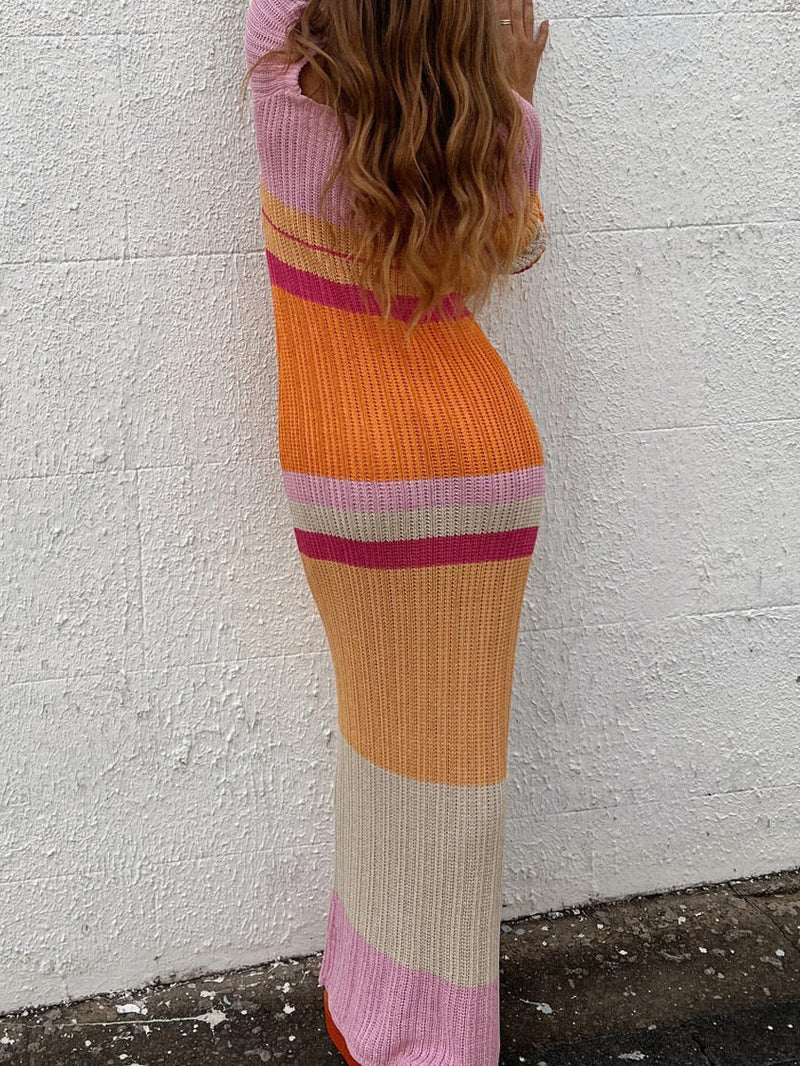 Casual Long Sleeve Printed Knit Maxi Dress