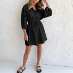 Button Up Drawstring Waist Long Sleeve Mini Dress