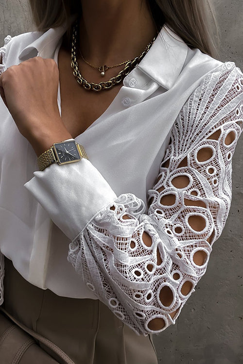 Hollow Lace Turndown Collar Blouse