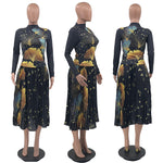 Elegant Turtleneck Long Sleeve Pleated Midi Dress