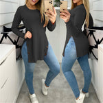 Casual Long Sleeve O-Neck Side Slit Blouse Top