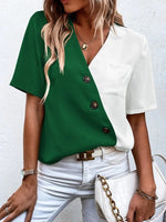 Double Color Short Sleeve V Neck Blouse Top