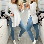 Casual Long Sleeve O-Neck Side Slit Blouse Top