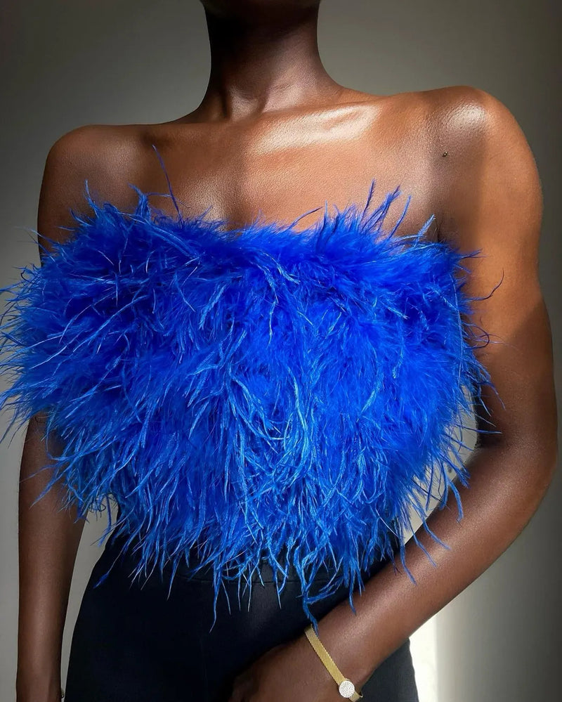 Fashion Sleeveless Off Shoulder Feather Crop Top