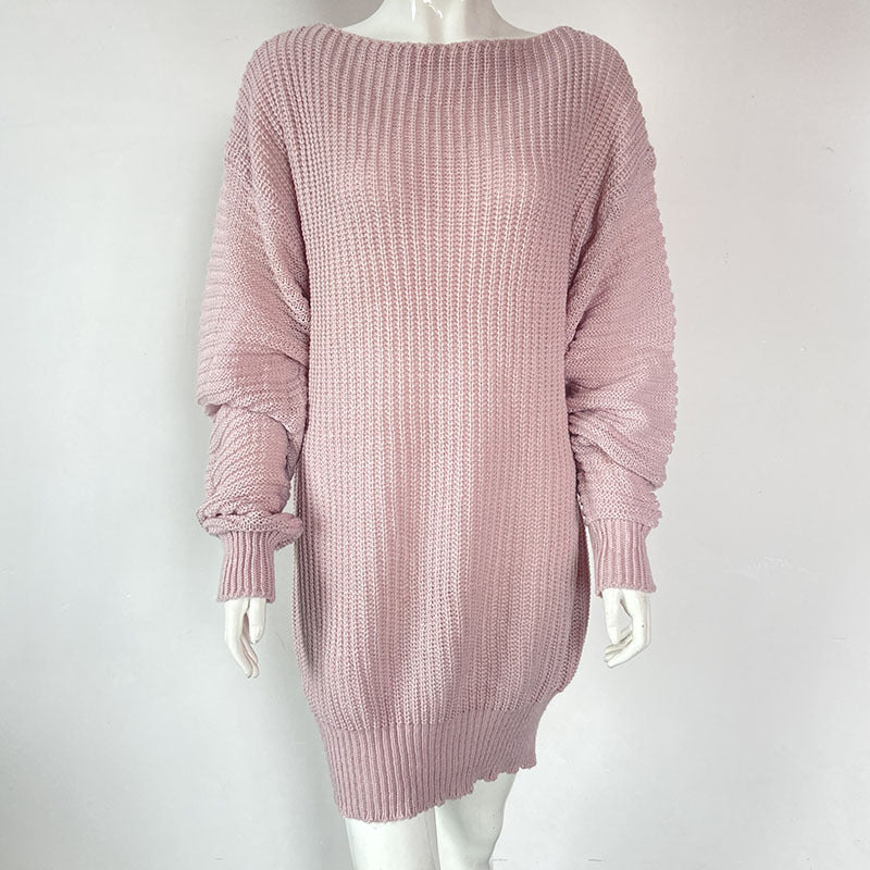 Round Neck Long Sleeve Solid Knitted Mini Dress