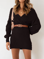 Casual Off Shoulder Long Sleeve V-Neck Belt Knit Mini Dress