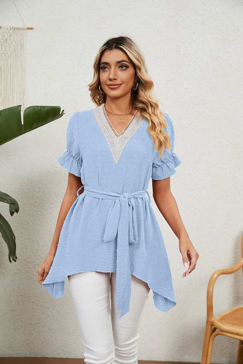 V-Neck Short Ruffle Sleeve Belted Solid Blouse