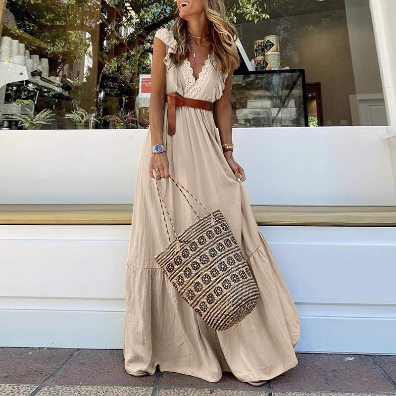 Belted Deep V Neck Sleeveless High Waist Maxi Dress