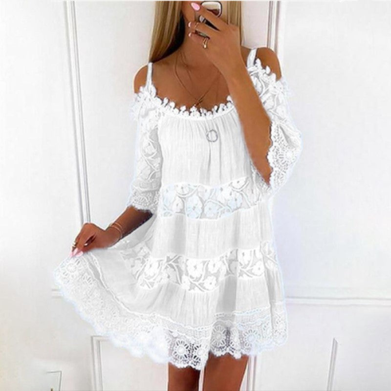 Off Shoulder 3/4 Sleeve Round Neck Floral Printed Mini Dress