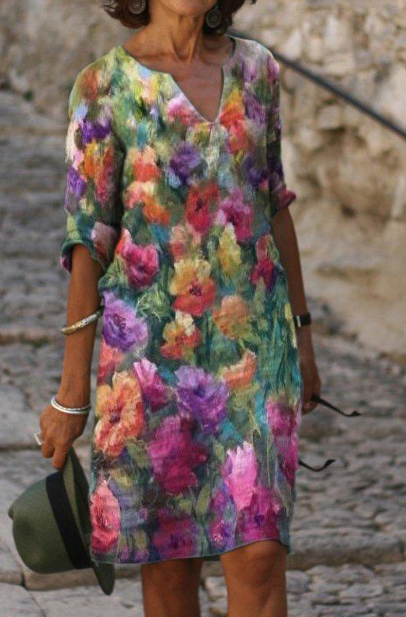 Casual Floral V Neck Short Sleeve Midi Dress