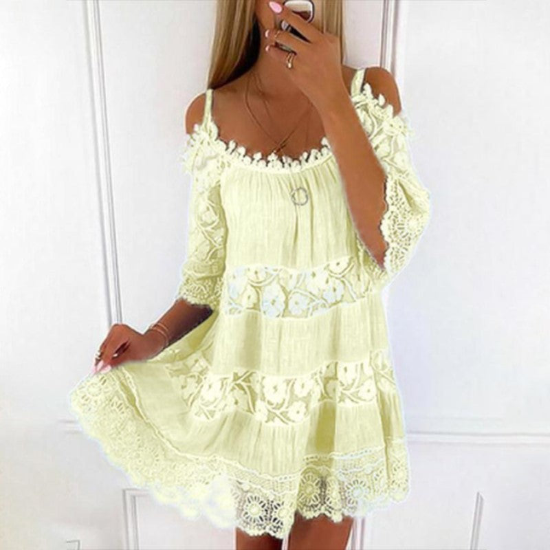 Fashion Cold Shoulder Lace Lined Mini Dress