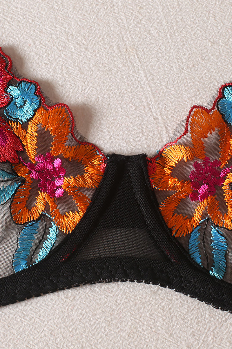 Flower Embroidered Mesh Lingerie Set