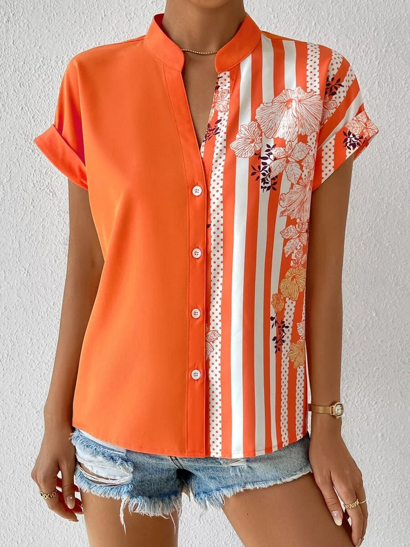 Fashion V-Neck Printed Short Sleeve Buttoned Shirt