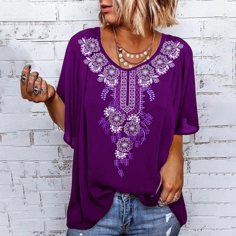 Floral Print Round Neck Short Sleeve Blouse Top