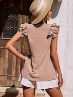 V-Neck Ruffle Short Sleeve Solid Loose Blouse