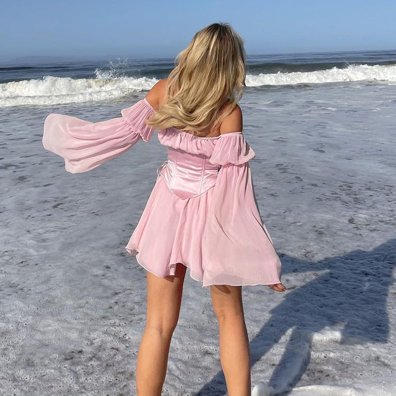 Off Shoulder Rope Closure Lined Long Ruffle Sleeve Mini Dress