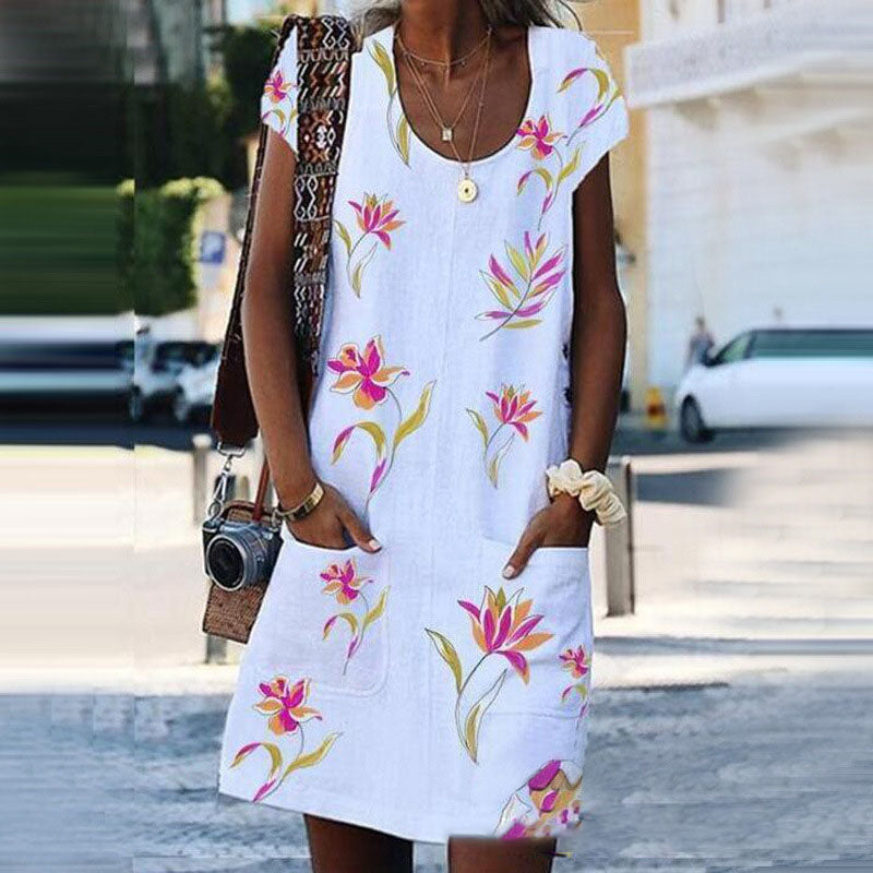 Casual round neck flower printed shift dress with pockets