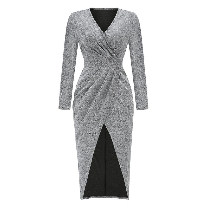 Elegant Long Sleeve V Neck Front Split Maxi Dress