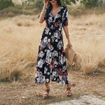 Elegant Deep V Neck Short Sleeve Floral Maxi Dress