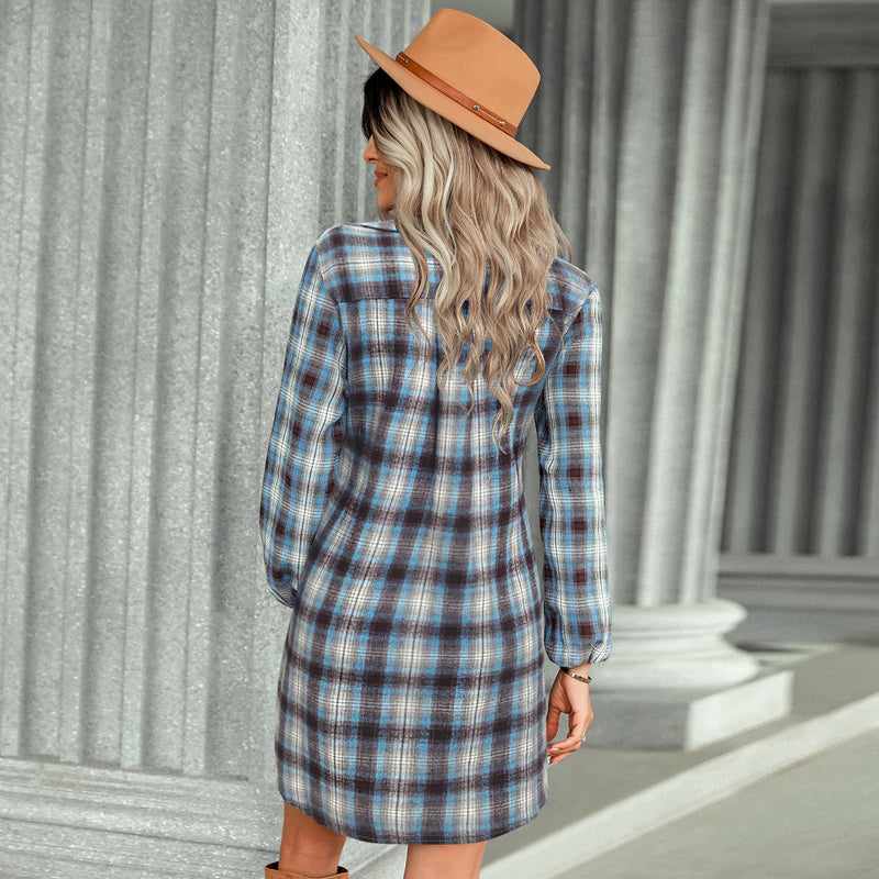 Fashion Long Sleeve Check Tartan Waistband Mini Shirt Dress